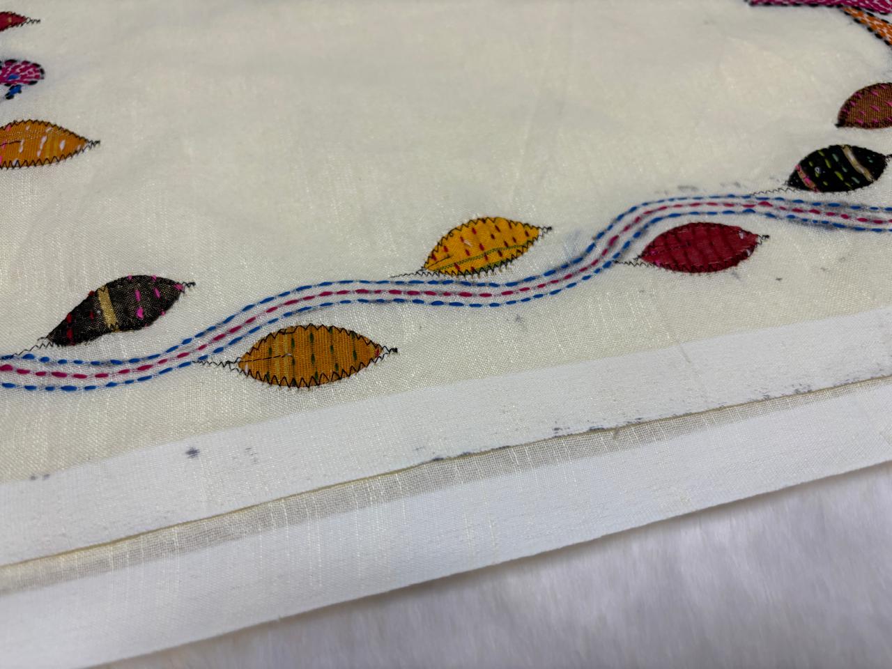 Close-up of embroidered fabric with colorful leaves and ribbons on a white background