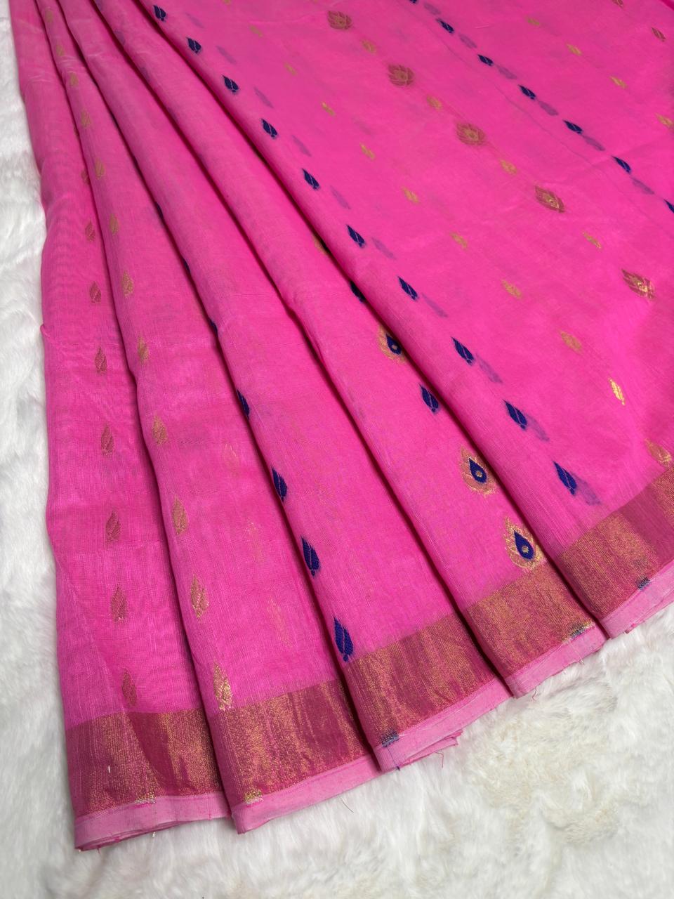 Pink saree with decorative patterns on a white background