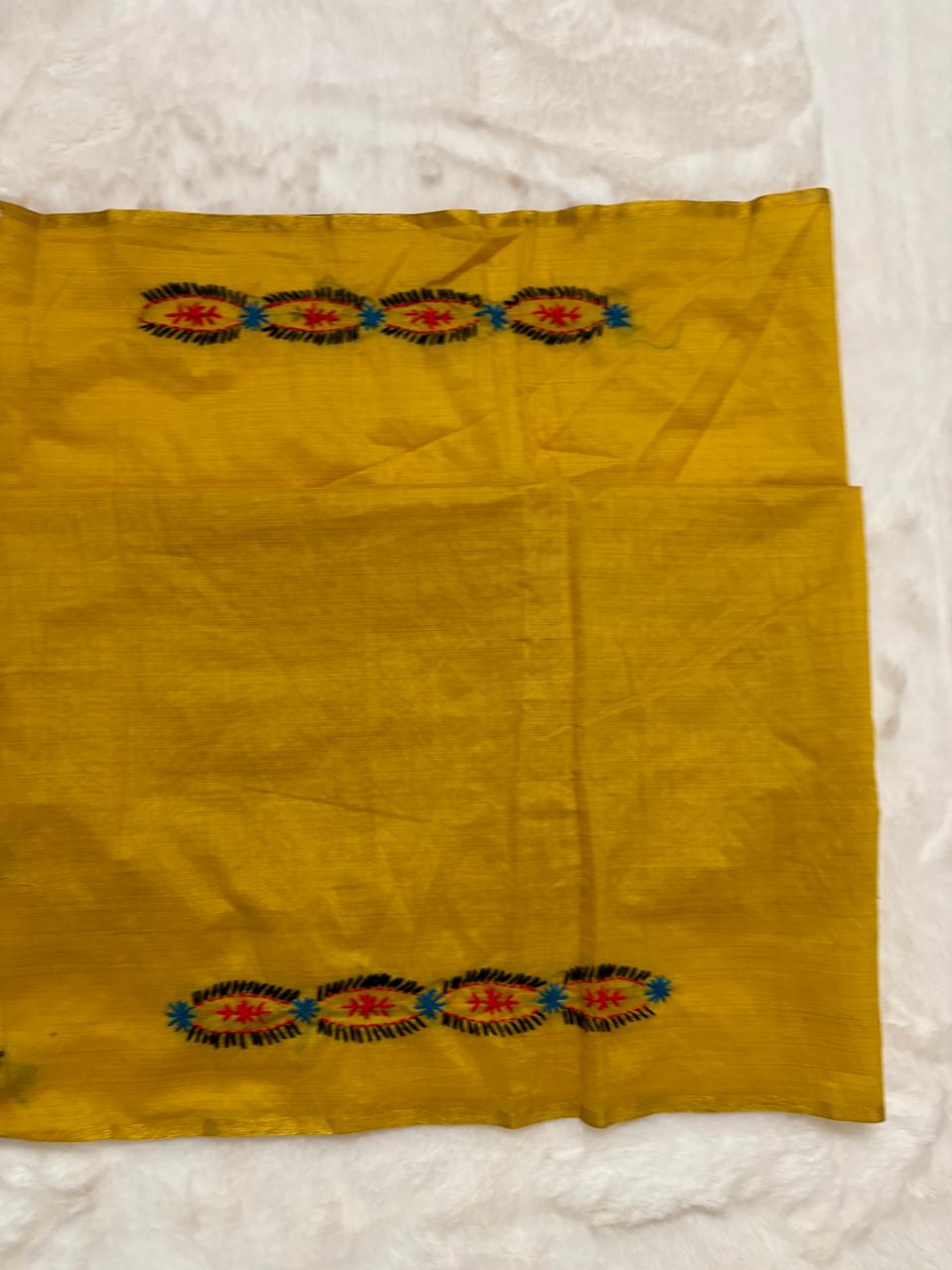 Yellow fabric with floral embroidery on a white background