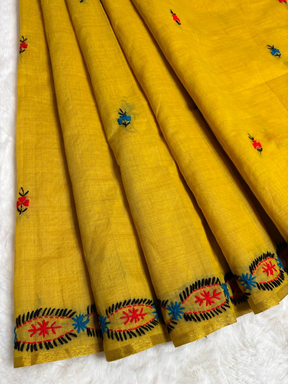 Yellow fabric with floral embroidery on a white background